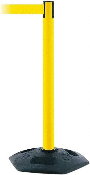 Tensator - 38" High, 2-1/2" Pole Diam, Barricade Tape Dispenser - 14" Base Diam, Round Rubber Base, Yellow Polymer Post, 7-1/2' x 1-7/8" Tape, Single Line Tape, For Outdoor Use - Apex Tool & Supply