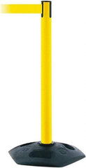 Tensator - 38" High, 2-1/2" Pole Diam, Barricade Tape Dispenser - 14" Base Diam, Round Rubber Base, Yellow Polymer Post, 7-1/2' x 1-7/8" Tape, Single Line Tape, For Outdoor Use - Apex Tool & Supply