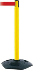 Tensator - 38" High, 2-1/2" Pole Diam, Barricade Tape Dispenser - 14" Base Diam, Round Rubber Base, Yellow Polymer Post, 7-1/2' x 1-7/8" Tape, Single Line Tape, For Outdoor Use - Apex Tool & Supply