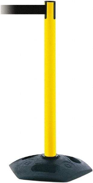 Tensator - 38" High, 2-1/2" Pole Diam, Barricade Tape Dispenser - 14" Base Diam, Round Rubber Base, Yellow Polymer Post, 7-1/2' x 1-7/8" Tape, Single Line Tape, For Outdoor Use - Apex Tool & Supply