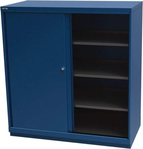 LISTA - 4 Shelf Sliding Door Storage Cabinet - Steel, 56-1/2" Wide x 28-1/2" Deep x 59-1/2" High, Blue - Apex Tool & Supply