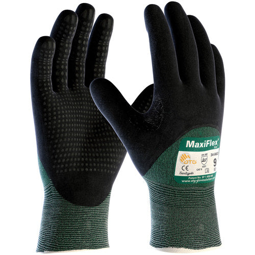 ‎34-8453/XXL Cut Resistant Gloves - MaxiFlex Cut - Green Eng Yarn - Black 3/4 MicroFoam Nitrile Dot Grip - A2 - Exact Industrial Supply