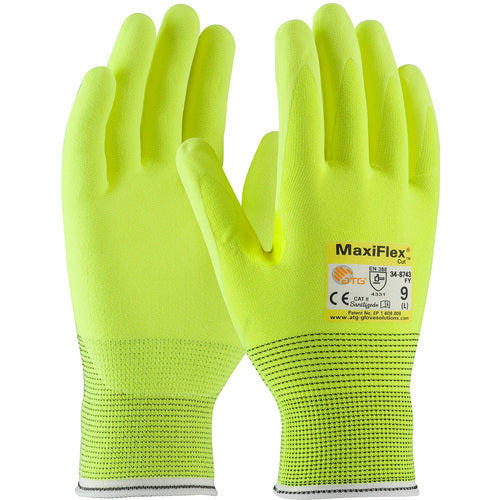 ‎34-8743FY/L Cut Resistant Gloves - MaxiFlex Cut - HiVis Yellow Eng Yarn Shell & Nitrile MicroFoam Grip - A2 - Exact Industrial Supply