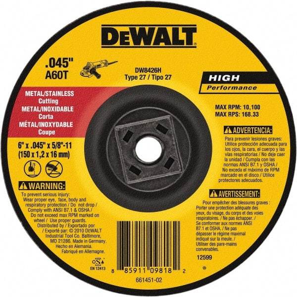 DeWALT - 60 Grit, 6" Wheel Diam, Type 27 Depressed Center Wheel - Aluminum Oxide, Resinoid Bond, 10,100 Max RPM - Apex Tool & Supply