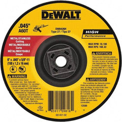 DeWALT - 60 Grit, 6" Wheel Diam, Type 27 Depressed Center Wheel - Aluminum Oxide, Resinoid Bond, 10,100 Max RPM - Apex Tool & Supply