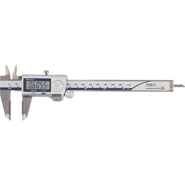 Mitutoyo - 0 to 6" Range 0.01mm Resolution, Electronic Caliper - Steel with 40mm Carbide-Tipped Jaws, 0.001" Accuracy - Apex Tool & Supply