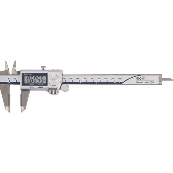 Mitutoyo - 0 to 6" Range 0.01mm Resolution, Electronic Caliper - Steel with 40mm Carbide-Tipped Jaws, 0.001" Accuracy - Apex Tool & Supply