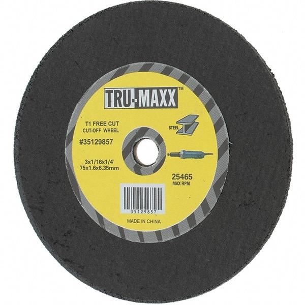 Tru-Maxx - 3" 36 Grit Aluminum Oxide Cutoff Wheel - 1/16" Thick, 1/4" Arbor, Use with Die Grinders - Apex Tool & Supply