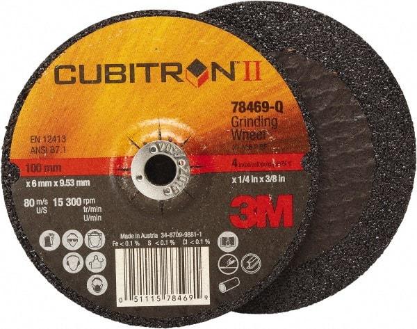3M - 36 Grit, 4" Wheel Diam, 1/4" Wheel Thickness, 3/8" Arbor Hole, Type 27 Depressed Center Wheel - Coarse Grade, Ceramic, Resinoid Bond, Q Hardness, 15,000 Max RPM, Compatible with Angle Grinder - Apex Tool & Supply