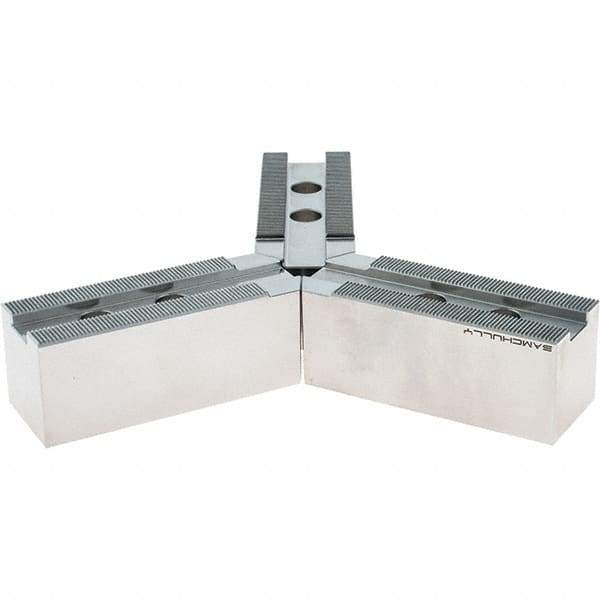 Samchully - 254mm Max Chuck Capacity, 1.5mm x 60° Serrated Interface, Round Soft Lathe Chuck Jaw - 3 Jaw, Steel, 30mm Btw Mount Hole Ctrs, 110mm Long, 40mm Wide, 42mm High, 16mm Groove, M12mm Fastener - Apex Tool & Supply