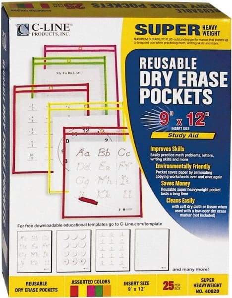 C-LINE - 25 Piece Assorted Colors Neon Colors Storage Pockets - 12" High x 9" Wide - Apex Tool & Supply