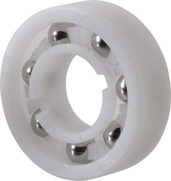 Made in USA - 5/8" Bore Diam, 1-3/8" OD, Open Plastic Race Radial Ball Bearing - 7/16" Wide, 1 Row, Round Bore, 46 Lb Static Capacity, 69 Lb Dynamic Capacity - Apex Tool & Supply