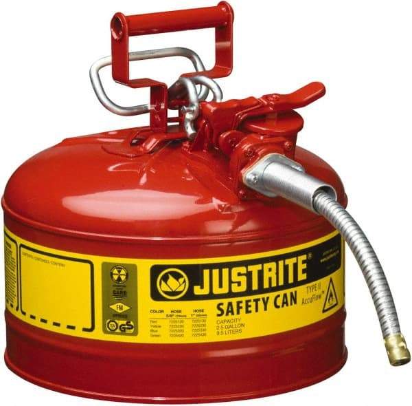 Justrite - 2.5 Gal Galvanized Steel Type II Safety Can - 12" High x 11-3/4" Diam, Red with Yellow - Apex Tool & Supply