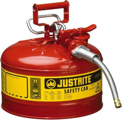 Justrite - 2 Gal Galvanized Steel Type II Safety Can - 13-1/4" High x 9-1/2" Diam, Red with Yellow - Apex Tool & Supply