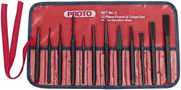 Proto - 12 Piece Punch & Chisel Set - 3/16 to 1/2" Chisel, 3/32 to 3/8" Punch, Hex Shank - Apex Tool & Supply