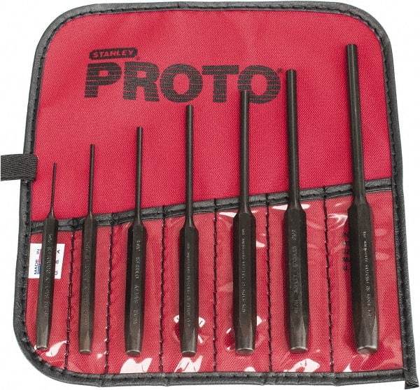 Proto - 7 Piece, 1/16 to 1/4", Pin Punch Set - Hex Shank, Steel, Comes in Tool Roll - Apex Tool & Supply