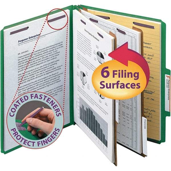 SMEAD - 11-5/8 x 9-1/2", Letter Size, Green, Classification Folders with Top Tab Fastener - 23 Point Stock, Right of Center Tab Cut Location - Apex Tool & Supply