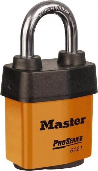 Master Lock - 1-1/8" Shackle Clearance, Keyed Different Padlock - 5/16" Shackle Diam, Laminated Steel - Apex Tool & Supply