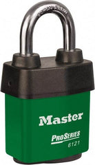 Master Lock - 1-1/8" Shackle Clearance, Keyed Different Padlock - 5/16" Shackle Diam, Laminated Steel - Apex Tool & Supply