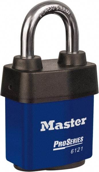 Master Lock - 1-1/8" Shackle Clearance, Keyed Different Padlock - 5/16" Shackle Diam, Laminated Steel - Apex Tool & Supply