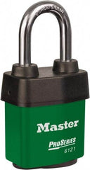 Master Lock - 1-1/2" Shackle Clearance, Keyed Different Padlock - 5/16" Shackle Diam, Laminated Steel - Apex Tool & Supply
