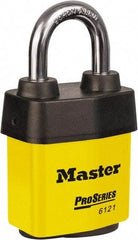 Master Lock - 1-1/8" Shackle Clearance, Keyed Different Padlock - 5/16" Shackle Diam, Laminated Steel - Apex Tool & Supply