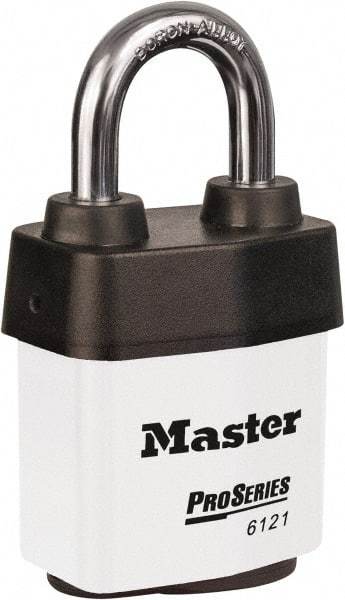 Master Lock - 1-1/8" Shackle Clearance, Keyed Different Padlock - 5/16" Shackle Diam, Laminated Steel - Apex Tool & Supply