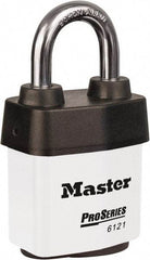Master Lock - 1-1/8" Shackle Clearance, Keyed Different Padlock - 5/16" Shackle Diam, Laminated Steel - Apex Tool & Supply