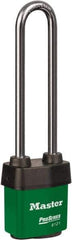 Master Lock - 5-5/8" Shackle Clearance, Keyed Different Padlock - 5/16" Shackle Diam, Laminated Steel - Apex Tool & Supply