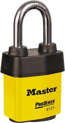 Master Lock - 1-1/2" Shackle Clearance, Keyed Different Padlock - 5/16" Shackle Diam, Laminated Steel - Apex Tool & Supply