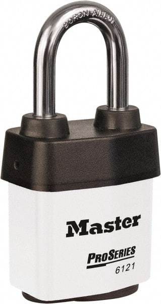 Master Lock - 1-1/2" Shackle Clearance, Keyed Different Padlock - 5/16" Shackle Diam, Laminated Steel - Apex Tool & Supply