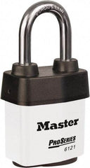 Master Lock - 1-1/2" Shackle Clearance, Keyed Different Padlock - 5/16" Shackle Diam, Laminated Steel - Apex Tool & Supply