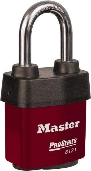 Master Lock - 1-1/2" Shackle Clearance, Keyed Different Padlock - 5/16" Shackle Diam, Laminated Steel - Apex Tool & Supply