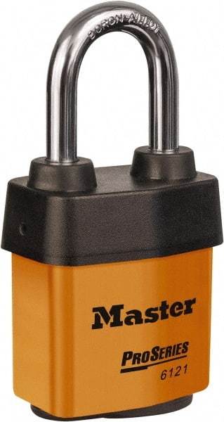 Master Lock - 1-1/2" Shackle Clearance, Keyed Different Padlock - 5/16" Shackle Diam, Laminated Steel - Apex Tool & Supply