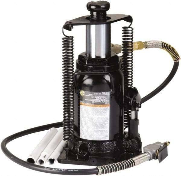 Omega Lift Equipment - 20 Ton Capacity Hydraulic Bottle Jack - 9-5/8" to 18-7/8" High, 9-1/4" Piston Stroke, 6" Screw Length, 6-3/4" Long x 9" Wide Base - Apex Tool & Supply
