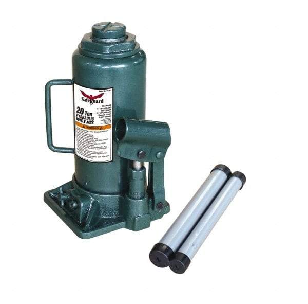 Safeguard - 20 Ton Capacity Hydraulic Bottle Jack - 9-1/2" to 17-3/4" High, 5.91" Piston Stroke, 1-7/8" Screw Length, 1.42" Screw Diam, 2.09" Plunger Diam, 5-15/16" Long x 6-1/4" Wide Base - Apex Tool & Supply