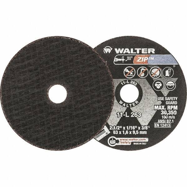 WALTER Surface Technologies - 2-1/2" 24 Grit Aluminum Oxide Cutoff Wheel - 1/16" Thick, 3/8" Arbor, 30,350 Max RPM, Use with Die Grinders - Apex Tool & Supply