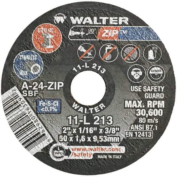 WALTER Surface Technologies - 2" 24 Grit Aluminum Oxide Cutoff Wheel - 1/16" Thick, 3/8" Arbor, 30,600 Max RPM, Use with Die Grinders - Apex Tool & Supply