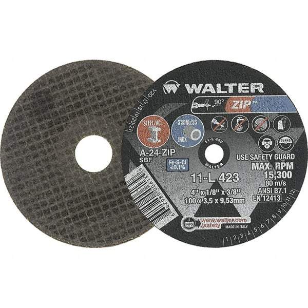 WALTER Surface Technologies - 4" 24 Grit Aluminum Oxide Cutoff Wheel - 1/8" Thick, 3/8" Arbor, 15,300 Max RPM, Use with Die Grinders - Apex Tool & Supply