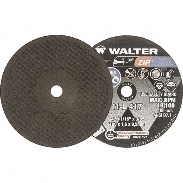 WALTER Surface Technologies - 4" 60 Grit Aluminum Oxide Cutoff Wheel - 1/16" Thick, 3/8" Arbor, 19,100 Max RPM, Use with Die Grinders - Apex Tool & Supply