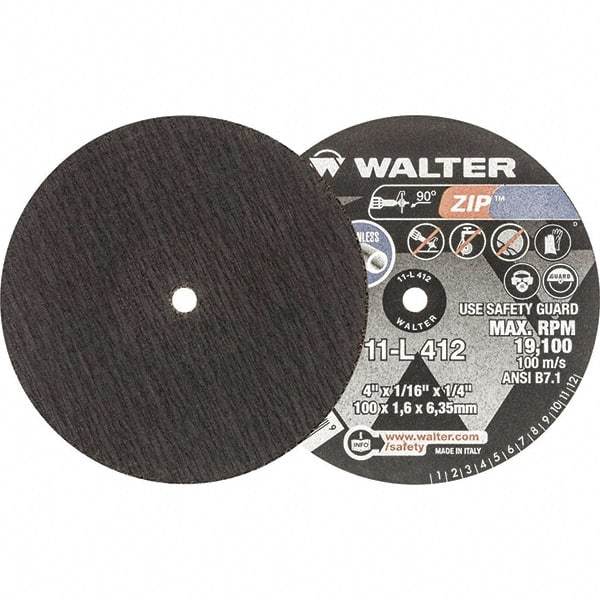 WALTER Surface Technologies - 4" 24 Grit Aluminum Oxide Cutoff Wheel - 1/16" Thick, 1/4" Arbor, 19,100 Max RPM, Use with Die Grinders - Apex Tool & Supply