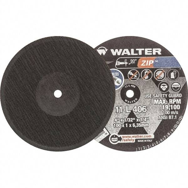 WALTER Surface Technologies - 4" 24 Grit Aluminum Oxide Cutoff Wheel - 1/32" Thick, 1/4" Arbor, 19,100 Max RPM, Use with Die Grinders - Apex Tool & Supply