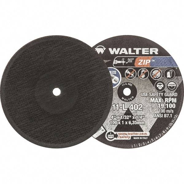 WALTER Surface Technologies - 4" 60 Grit Aluminum Oxide Cutoff Wheel - 1/32" Thick, 1/4" Arbor, 19,100 Max RPM, Use with Die Grinders - Apex Tool & Supply