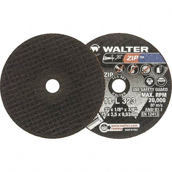 WALTER Surface Technologies - 3" 24 Grit Aluminum Oxide Cutoff Wheel - 1/8" Thick, 3/8" Arbor, 20,000 Max RPM, Use with Die Grinders - Apex Tool & Supply