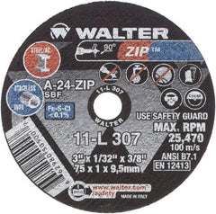 WALTER Surface Technologies - 3" 24 Grit Aluminum Oxide Cutoff Wheel - 1/32" Thick, 3/8" Arbor, 25,470 Max RPM, Use with Die Grinders - Apex Tool & Supply
