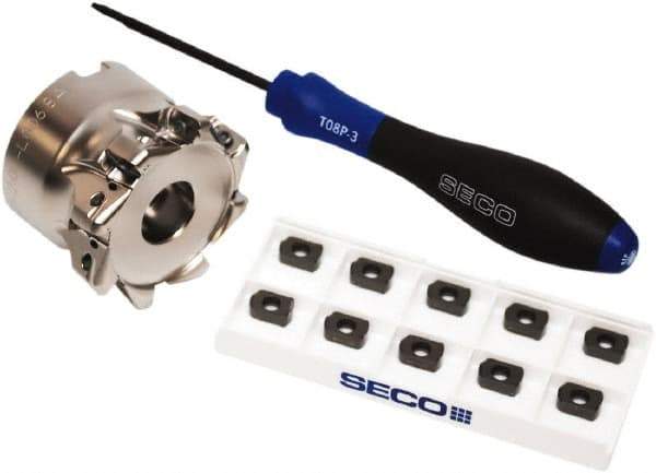 Seco - CVD Finish Micrograin Grade Carbide High Feed Milling Tip Insert Holder Kit - 2" Cut Diam, 2" Shank Diam, 1" OAL, 2" Cut Width, 0.035" Depth of Cut, 8 Flutes, Tool Steel Toolholder, Through Coolant, Series Master Mill - Apex Tool & Supply