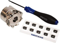 Seco - CVD Finish Micrograin Grade Carbide High Feed Milling Tip Insert Holder Kit - 2" Cut Diam, 2" Shank Diam, 1" OAL, 2" Cut Width, 0.035" Depth of Cut, 8 Flutes, Tool Steel Toolholder, Through Coolant, Series Master Mill - Apex Tool & Supply