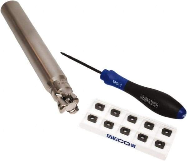 Seco - CVD Finish Micrograin Grade Carbide High Feed Milling Tip Insert Holder Kit - 1" Cut Diam, 1" Shank Diam, 7" OAL, 1" Cut Width, 0.035" Depth of Cut, 3 Flutes, Tool Steel Toolholder, Through Coolant, Series Master Mill - Apex Tool & Supply