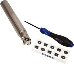 Seco - CVD Finish Micrograin Grade Carbide High Feed Milling Tip Insert Holder Kit - 1" Cut Diam, 1" Shank Diam, 7" OAL, 1" Cut Width, 0.035" Depth of Cut, 3 Flutes, Tool Steel Toolholder, Through Coolant, Series Master Mill - Apex Tool & Supply