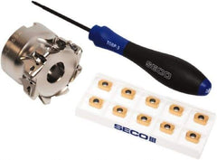 Seco - CVD Finish Micrograin Grade Carbide High Feed Milling Tip Insert Holder Kit - 2" Cut Diam, 2" Shank Diam, 1" OAL, 2" Cut Width, 0.035" Depth of Cut, 8 Flutes, Tool Steel Toolholder, Through Coolant, Series Master Mill - Apex Tool & Supply